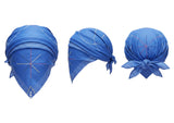 African Traditional Home and Wear blue African head wrap with embroidered star patterns, shown from three angles.