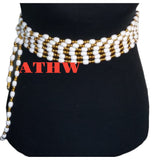 African Traditional Home and Wear Imoto waist beads featuring white and gold cylindrical beads on a black mannequin