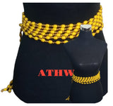 African Traditional Home and Wear yellow and gold beaded Imoto waist string on a black mannequin torso
